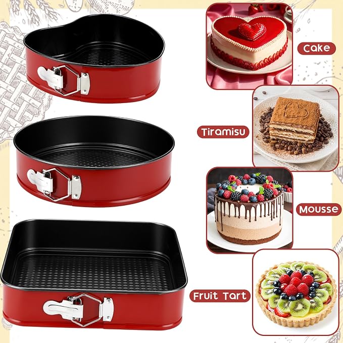 Reallnaive 3 Piece Springform Cake Pan Set 8/9/10 Inch Square Heart Round Baking Pans Leakproof Nonstick Cheesecake Pans with Removable Bottom for Valentines, Birthday, Wedding Party