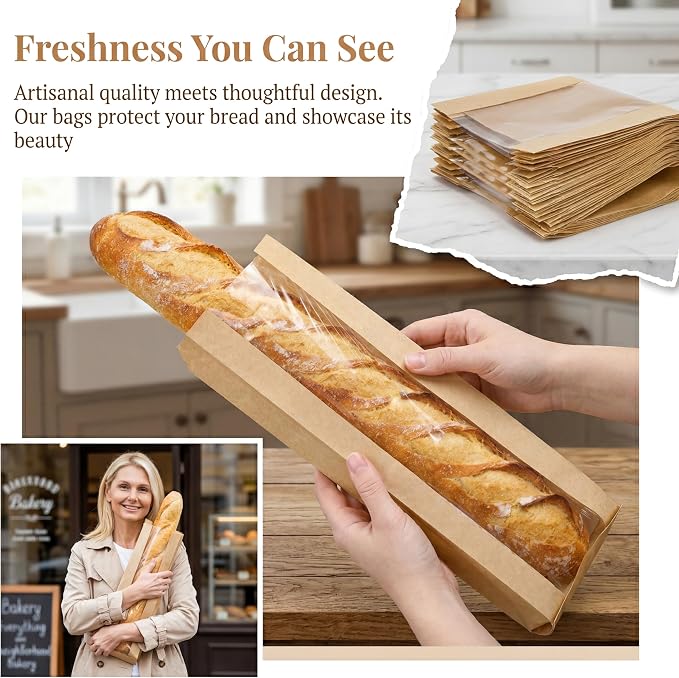 150 Pack Paper Bread Bag with Window, 18"x7"x2" Long French Bread Bag, Brown Kraft Baguette Bags, Loaf Storage Packing Sacks Biscuits Packaging for Homemade, Bakery, Coffee Bar