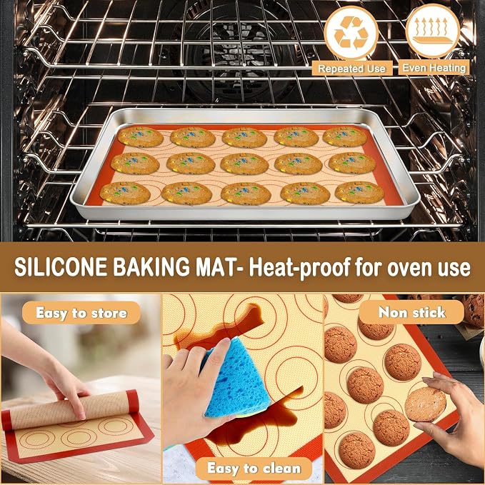 P&P CHEF 12.5 Inch Baking Oven Sheet Pan with Rack & Mat for Cookie, Stainless Steel Oven Sheet Tray Cooling Rack and Silicone Mat for Baking & Roasting, Dishwasher Safe & Healthy, 3Pcs