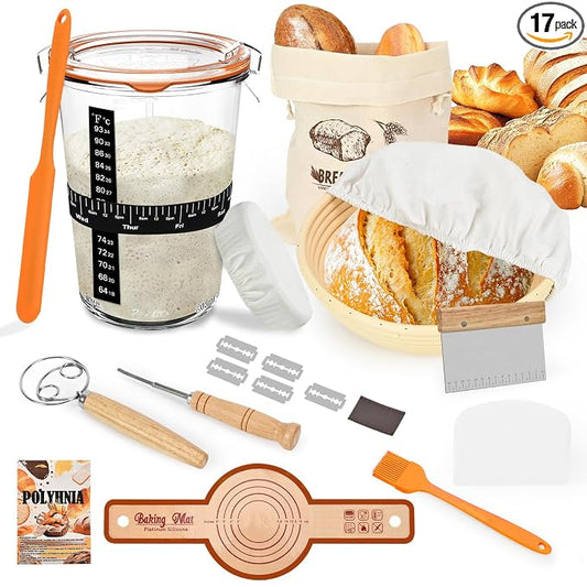 Sourdough Starter Kit, Sourdough Bread Baking Supplies, 9''Banneton Bread Proofing Basket with Glass Sour dough Starter Jar, Breads Scoring Tool,Breads Making Tools Gifts for Bakers Women Wife Mom