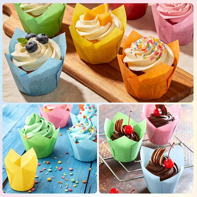 Ruisita 150 Pcs Mini Cupcake Liners Muffin Liners Baking Cups | Tulip Cupcake Liner for Baking Wedding, Birthday, Baby Shower Parties, 6 Colors
