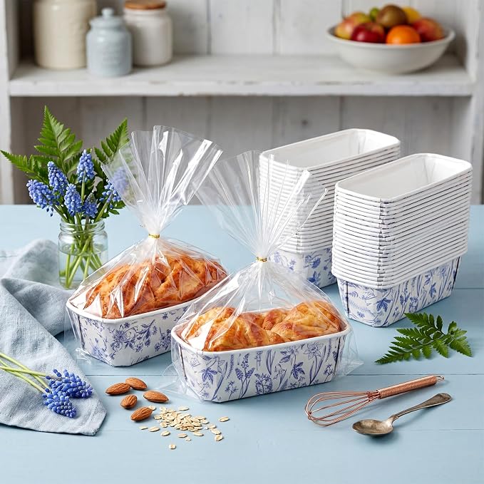 Hushee 50 Sets Blue Floral Paper Loaf Pans with Bags, 6.3x2.2x2.2" Disposable Mini Bread Baking Molds Kit Vintage Blue White Flower Cake Liners for Wedding Favors Bridal Shower Birthday Gifts