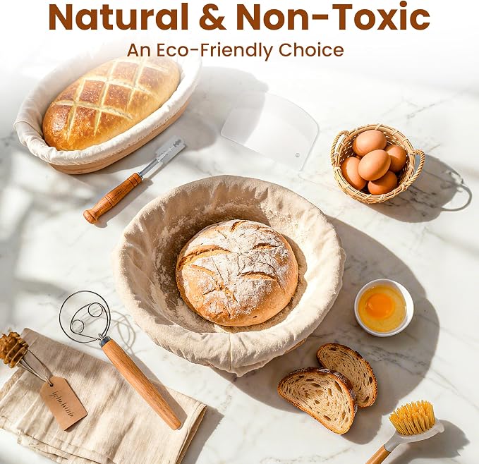 Nixta Bread Proofing Basket Set – 6-Piece Sourdough Bread Baking Kit with 9" Round & 10" Oval Banneton Baskets, Linen Liners, Danish Dough Whisk, Dough Scraper & 5 Stainless Steel Blades