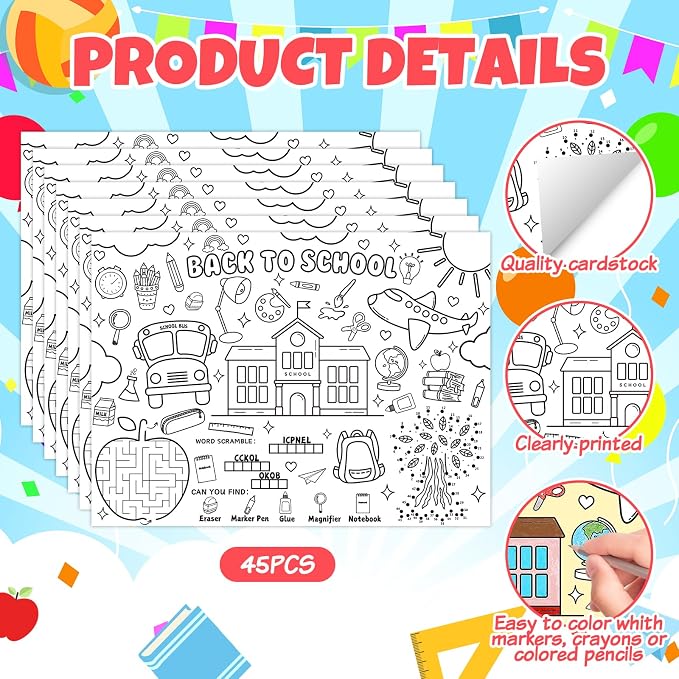 45pcs Back to School Coloring Placemats for Kids Disposable Coloring Poster First Day of School Gifts School Classroom Activities Paper Table Mats