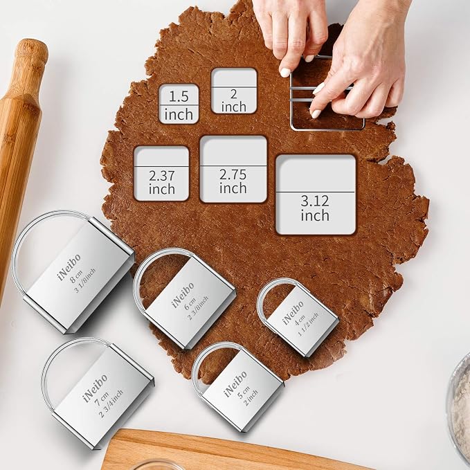 iNeibo Biscuit Cutter Set (5 Pcs/Set), Square Cookies Cutters with Handle, Professional Stainless Steel Pastry Dough Tools Metal Baking Tools Set