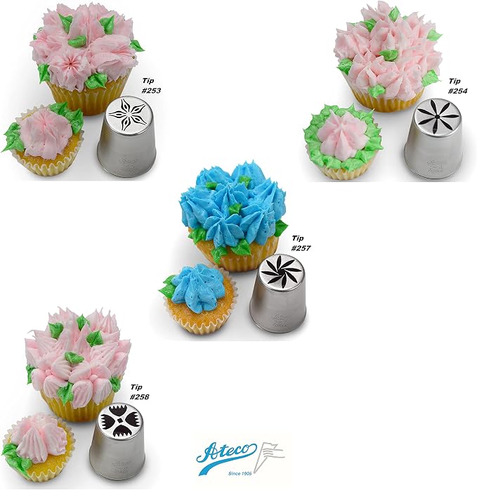 Ateco One Step Flower Russian Tube Set Includes Stainless Steel Tips:, 241, 242, 243, 244, 245, 246, 247, 248, 249, 251, 253, 254, 257, 258, 259