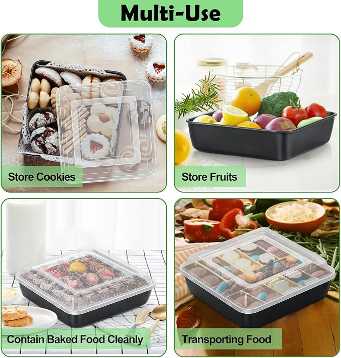 TeamFar 9x9 Inch Square Cake Pan with Lid, Non-Stick Square Baking Roasting Pan, with Stainless Steel Core for Cooking Brownie Lasagna, Non-Toxic & Heavy-Duty, Release & Clean Easily (1 Pan+1 Lid)