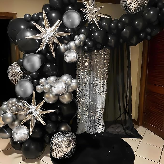 Black Silver Disco Ball Balloons Arch Kit, Black Silver Clear Balloons Garland with Large Disco Balls and Explosion Star Foil Balloons, for Disco Dance Diamond Birthday Graduation New Year Decoration