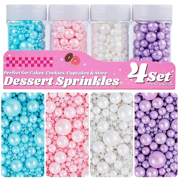 Pearl Sprinkles for Cake Decorating, 11.3 Oz Edible Pearls Mix White Pink Blue Purple Sprinkles, 6 Sizes 4 Jars Set for Baking Cupcakes Cookies Dessert