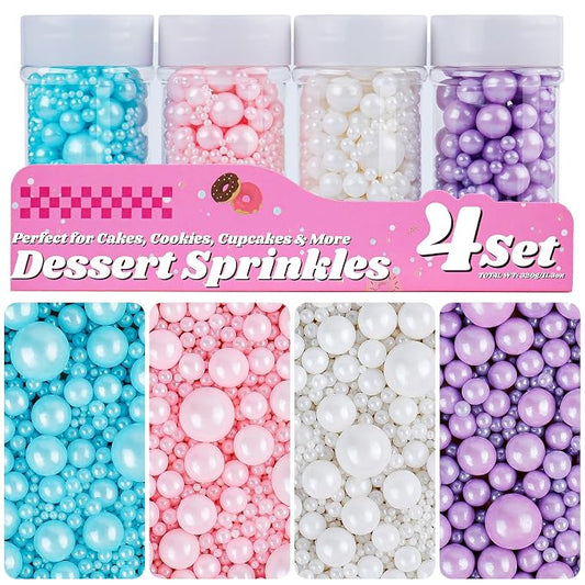 Pearl Sprinkles for Cake Decorating, 11.3 Oz Edible Pearls Mix White Pink Blue Purple Sprinkles, 6 Sizes 4 Jars Set for Baking Cupcakes Cookies Dessert