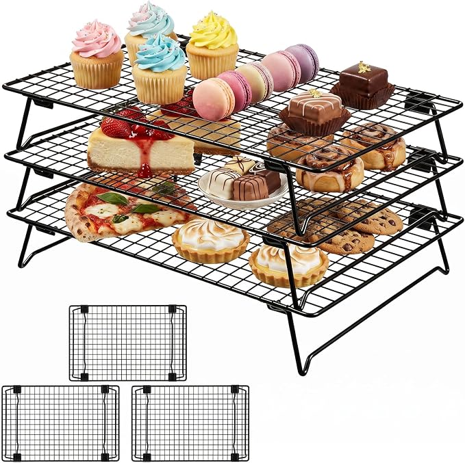3-Tier Stackable Cooling Rack for Cooking and Baking, 17" x 11" Large Black Wire Cooling Rack, Foldable & Heavy Duty Cookie Cooling Rack, Oven Safe Baking Rack