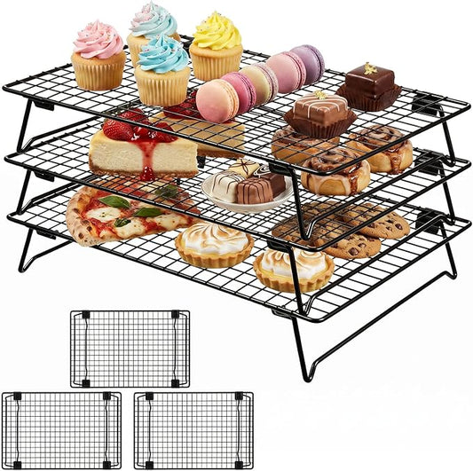 3-Tier Stackable Cooling Rack for Cooking and Baking, 17" x 11" Large Black Wire Cooling Rack, Foldable & Heavy Duty Cookie Cooling Rack, Oven Safe Baking Rack