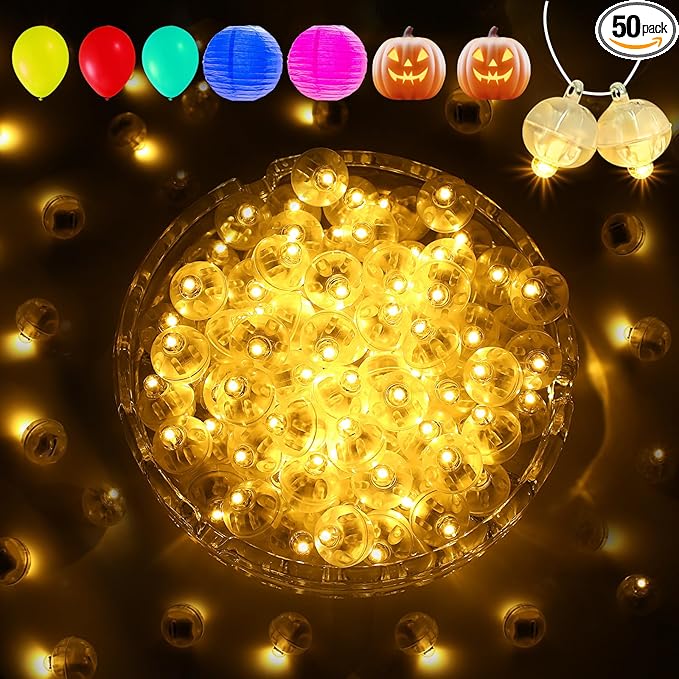 Aogist 50Pcs Balloon Lights with Hook,Long Standby Time,Waterproof Mini Light for Birthday Party Wedding Christmas Halloween Easter Decorative(Flash, Warm White)
