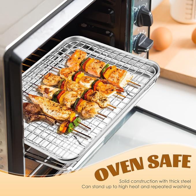 Small Stainless Steel Baking Sheet with Rack Set, E-far 9.4”x7.3” Cookie Sheet Broiling Pan for Toaster Oven, Rimmed Metal Tray with Wire Rack for Cooking/Baking/Cooling, Non-toxic & Dishwasher Safe