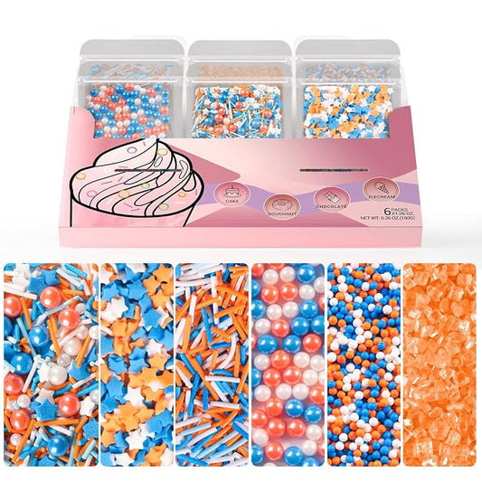 HUEBEATY 6-in-1 Carton Party Sprinkles for Cake Decorating – 180g Blue and Orange Birthday Sprinkles with Jimmies, Nonpareils, Stars, Pearls & Sugar Crystal – Edible Cakes, Cupcakes, Cookies & Ice Cream Topper Decorations for Birthday Parties