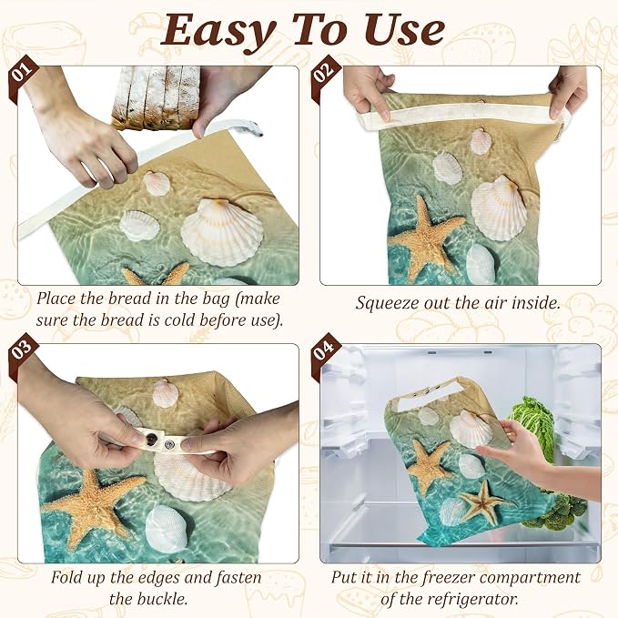 Bread Bags for Homemade Bread- Starfish Shells Beach 2 Pack Linen and Beeswax Sourdough Storage Bags, Reusable Keeper, Keeps Breads Fresh Longer, Gifts for Bakers