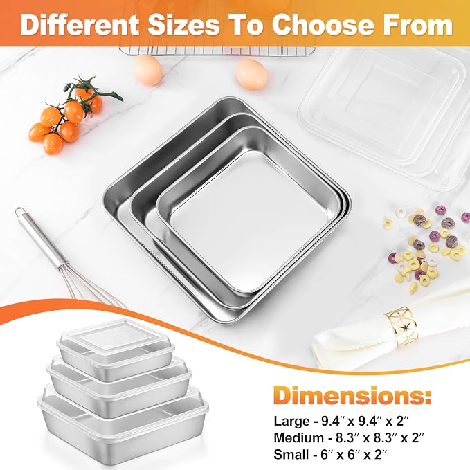 Herogo Baking Pan with Lid (3 Pans + 3 Lids), 9''x 9'' Stainless Steel Nonstick Square Deep Cake Pan, Rectangle Cakes Bakeware for Brownies Casseroles, Non Toxic & Dishwasher Safe, Set of 3