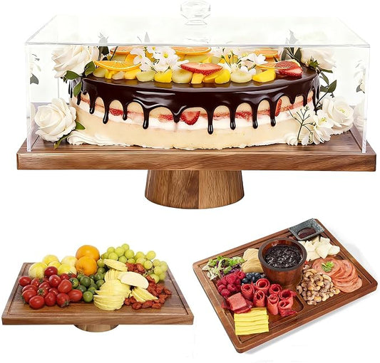17" Rectangular Acacia Wood Cake Stand with Lid, 2-in-1 Multi-Functional Dessert Display Tray & Charcuterie Board for Cheese/Veggie/Chips & Dip, Birthday/Weddings/Party