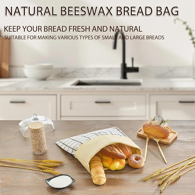 LURKA Beeswax Bread Bags, Reusable Cotton Linen Storage Bags for Sourdough, Extra Large, 2 Pack (White Plaid)