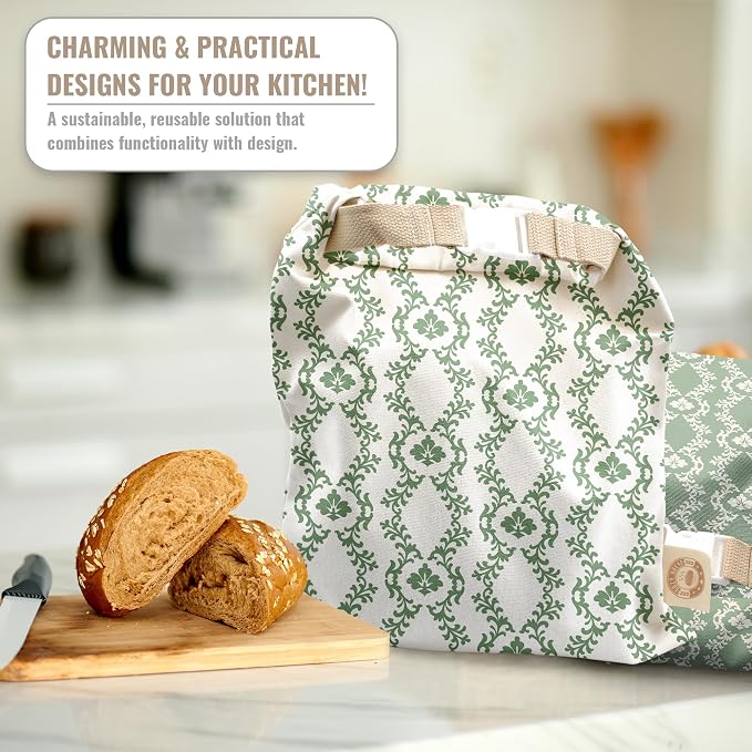 Cozy Bread® Reusable Bread Bag Set for Home Bakers | USA Brand | Charming Bread Designs (Green Ornamental)