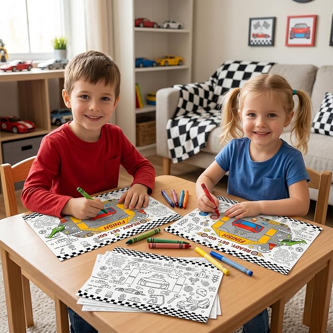 45pcs Race Car Disposable Coloring Placemats Racing Crafts for Kids Birthday Party Favors Coloring Poster Speed Car Checkered Flag Tire Activity Church Supplies Paper Table Mats