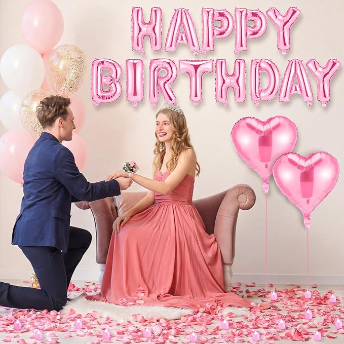 Pink Happy Birthday Balloons Decorations Happy Birthday Letter Balloons Banner Set with 24pcs Round Flameless LED Candles and 2000pcs Artificial Rose Petals for Women Men Room Party Decor