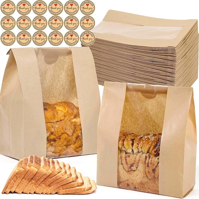 40 Pcs Bread Bags for Homemade Bread With Window Sourdough, 13.78x8.27x3.54 in, Sublaga Paper Bread Bags with 48Pcs Sealing Stickers, Packaging and Storage of Baked Goods Suitable for Bakers (40)