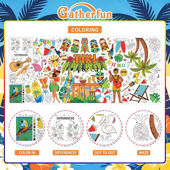 Gatherfun Hawaiian Luau Party Giant Coloring tablecloths, 31.5 x 72 Inches, Hawaiian Party Decorations, Tiki Party Decorations, coloring Table Cover for School Parties