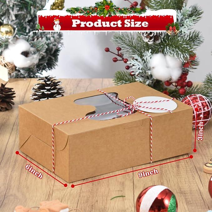 COTOPHER 18Pcs Christmas Cookie Boxes with Window, 9x6x3 inch Brown Bakery Boxes for Gift Giving, Kraft Treat Boxes Dessert Boxes for Cakes Donuts Chocolate Strawberries Pastries Muffins
