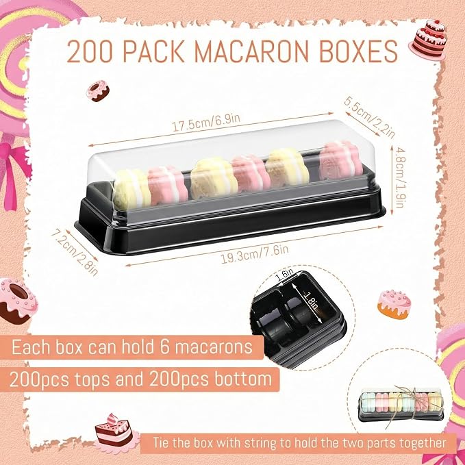 Remerry 200 Pcs Macaron Boxes with Clear Lids Bulk Macaroon Container Macaroon Packaging Boxes with 6 Grid Christmas Party Favors for Baby shower Wedding Bakery, 7.6 x 2.8 x 1.9 Inches