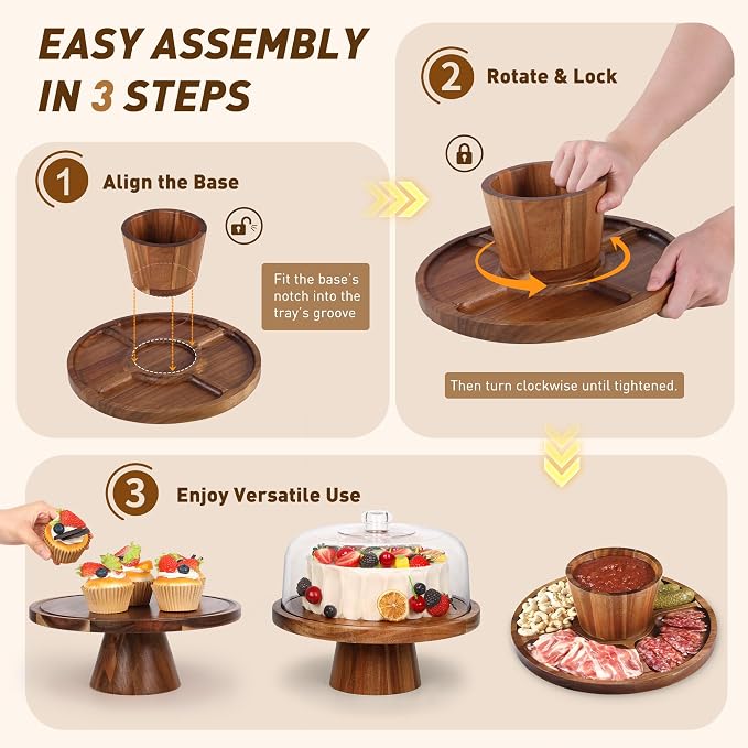 Bellsal Wooden Cake Stand with Lid, Acacia Cake Stand with Plastic Dome, 12-Inch Versatile Dessert Table Display Set & Charcuterie Board for Cheese, Chips & Dips, Fruit Platter, Cake Holder for Party