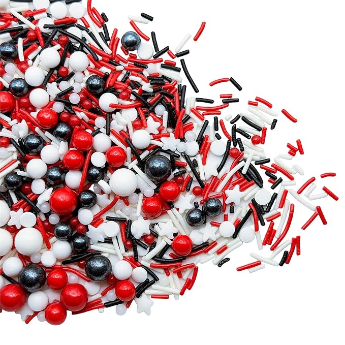 SE Si&Moos Red White and Black Sprinkles 3 OZ Black White and Red Edible Pearls for Cake Decorating Edible Pearls and Sequins Sprinkles Mix for Baby Shower Halloween Christmas Cookie Decorations