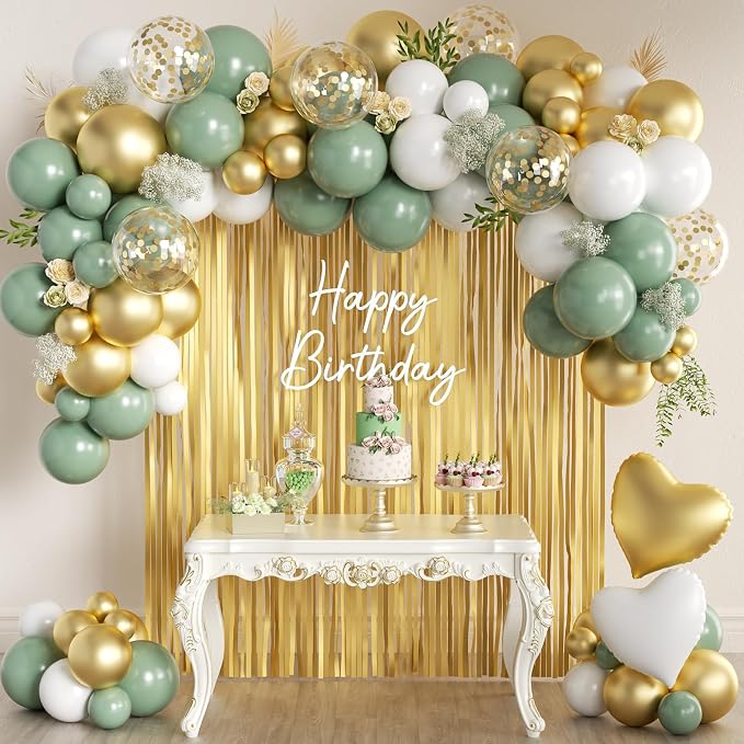 157PCS Sage Green White Gold Balloons Garland Arch Kit with Gold Fringe Curtain for Birthday Baby Shower Gender Reveal Bridal Shower Weddings Graduation Party Decorations