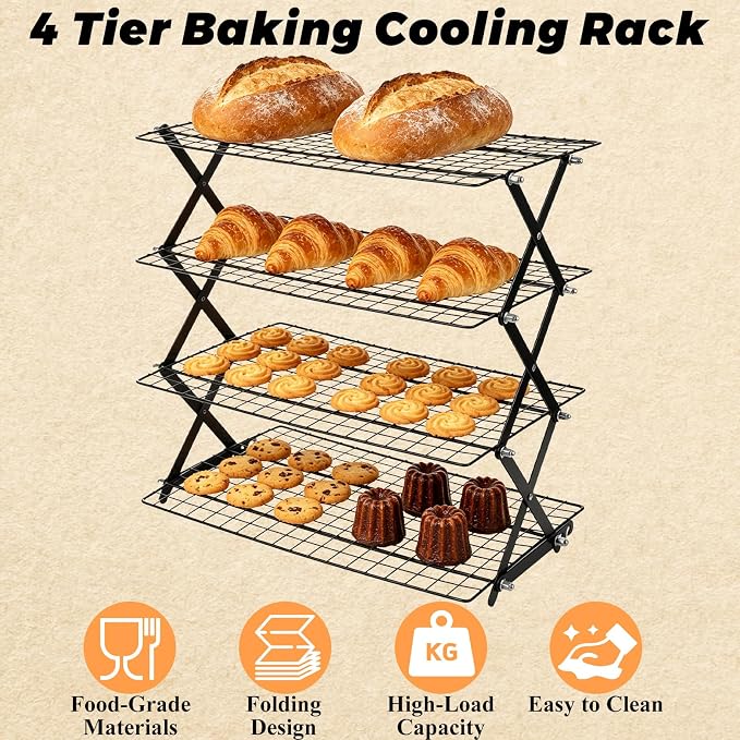 4 Tier Collapsible Cooling Racks for Cooking And Baking | 3 Setting Design, Adjustable & Stackable Cookie Cooling Racks, Dishwasher Safe Tiered Bread Cooling Rack for Picnic
