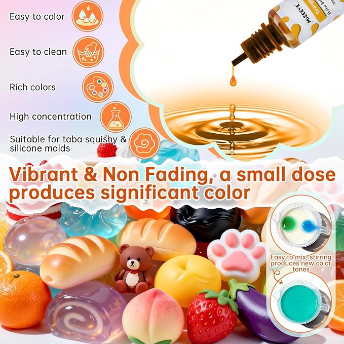 Silicone Pigment Set for Taba Squishy Maker & Silicone Mold, Washable Liquid Coloring Dye for Boys & Girls, Beginners & Family DIY, Basic 8 Colors Squishy Making Paint Kit, 10 ml Each.