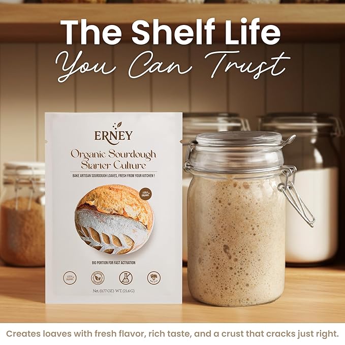 ERNEY Dehydrated Sourdough Starter for Bread Making - Perfect Rise Organic Sourdough Bread Flour with Instruction - Versatile Homemade Pastry Flour Perfect for Artisan Loaf Pizza Muffins - 1 pack