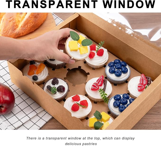 12 Count Cupcake Boxes, 4PCS Cupcake Container with Window, Food Grade Cupcake Holder for Birthday Holiday Party, Bakery Supplies for Cupcakes, Desserts, and More (Brown)