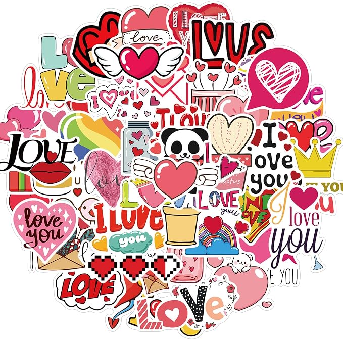 Heart Sticker, I Love You Stickers Pack for Lovers Friends, 50Pcs Valentine's Day Waterproof Vinyl Stickers for Water Bottles Laptop, Gift Boxes Decals, Party Supplies (Love)