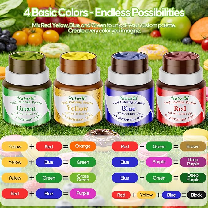 Natural Food Coloring Powder 4 Colors Set Artificial & Synthetic Dye Free Food Dye Powder for Baking Cake Decorating, Frosting, Slime Making & Cookies