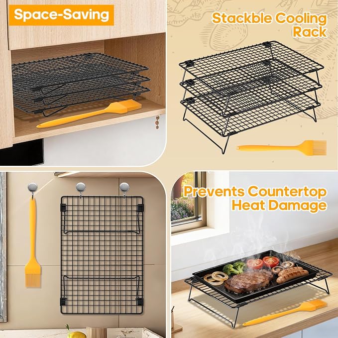 3 Layer Detachable Collapsible Cooling Racks, 13 x 9 Inch Cooling Wire Rack Stackable Drying Rack Cookie Rack Bread Cooling Rack with Pastry Brush & 50 Parchment Paper Sheets