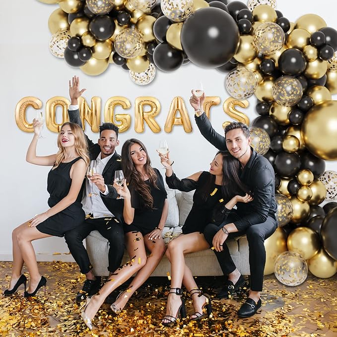 RUBFAC 130pcs Black and Gold Balloons, Black Metal Gold and Metallic Confetti Gold Balloons for 2026 New Year Graduation Class Decorations Retirement Party Baby Shower Wedding Birthday Anniversary