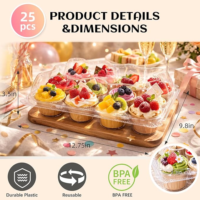 WIKDAY (12 Count x 25 Sets Plastic Cupcake Containers with Liners, Clear Cupcake Holder with Lids, Disposable Cupcake Carrier for Bakery, Cupcake Storage Box for Parties, Bake Sale Packaging