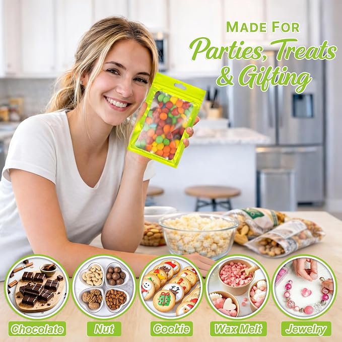 100 PCS Resealable Mylar Bags with Zipper and Frosted Clear Window Smell Proof Packaging Bags Foil Pouch Zipper Bag for Food Self Sealing Storage Supplies (Green, 4.72x7.1)