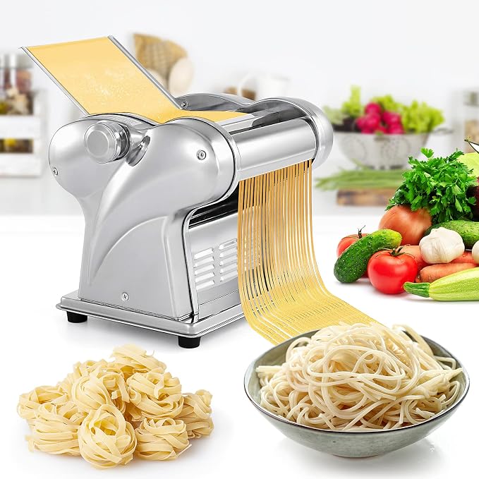 WICHEMI Electric Pasta Maker Machine Pasta Dough Spaghetti Roller Noodle Pressing Machine Stainless Steel 135W for Home Family Use (1.5mm flat noodle+4mm flat noodle)