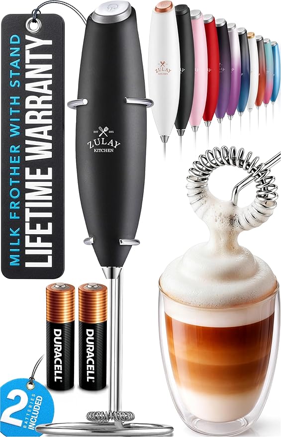 Zulay Kitchen Powerful Milk Frother Wand With Duracell Batteries - Ultra Fast Handheld Drink Mixer - Electric Whisk Foam Maker for Coffee, Lattes, Cappuccino & Matcha - Z1 Motor - New Black