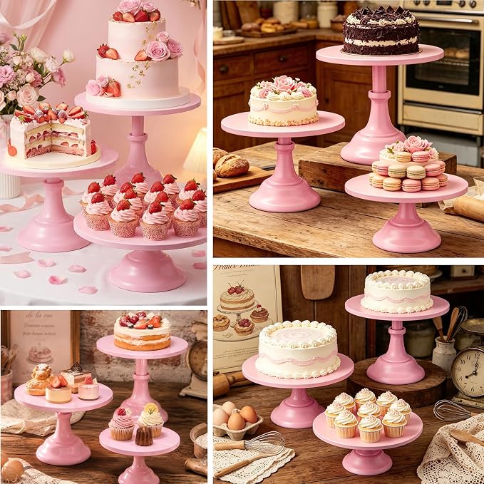Three-piece Cake Stand Set, Metal Round Trays, 8-inch, 10-inch, and 12-inch, for Dessert Table displays; Perfect for Christmas, Thanksgiving, Birthdays, Weddings, and Other Celebrations(Pink)