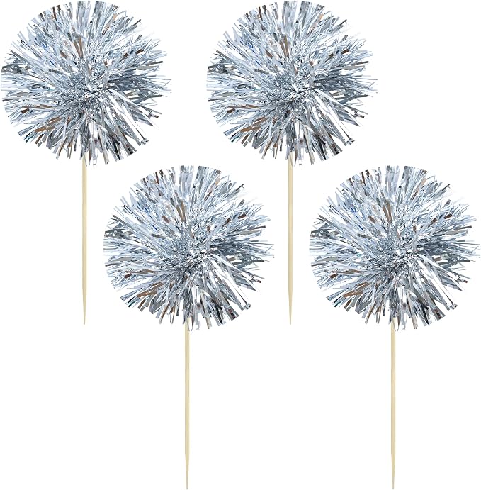 Gyufise 30Pcs Foil Firework Cupcake Toppers Sparkle Tinsel Cake Toppers Tinsel Drink Cake Decoration Cocktail Picks for Birthday Wedding Graduation Party Supplies Dark Silver
