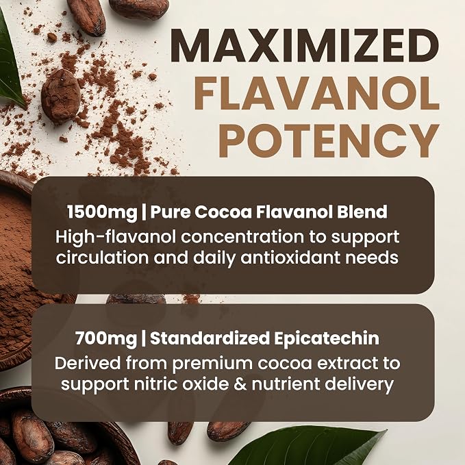 High Flavanol Cocoa Powder - 1500mg Cocoa Flavanols 12X More Epicatechin, 700MG Epicatechin Antioxidant Flavonoids - Supports Brain, Heart Health, Nitric Oxide & Circulation by Powered X Plants