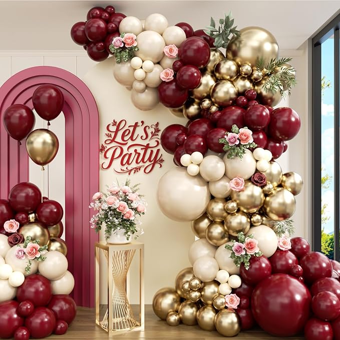 Burgundy Balloon Arch Garland Kit 163pcs, Burgundy Maroon Sand White Metallic Gold Latex Balloons Arch Kit for Birthday Graduation Maroon Wedding Valentines Day Anniversary Party Decorations