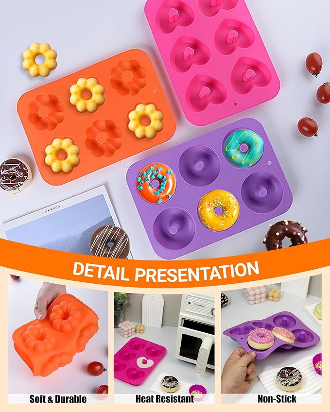 Silicone Donut Pan 3pcs Non-Stick Doughnuts Baking Pans for Donuts, 6 Cavity Fluted Tube Cake Silicone Mold for Baking (Orange+Pink+Purple)